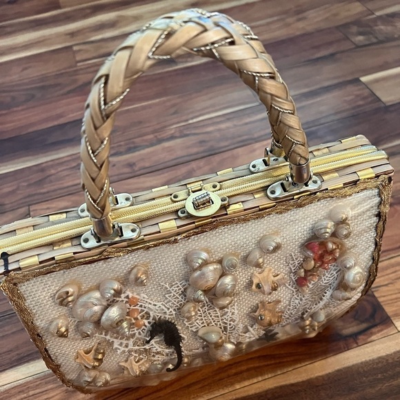 1950s 1960s Vintage Wicker Seashell Purse Handbag Woven Seahorse Starfish - Picture 10 of 14